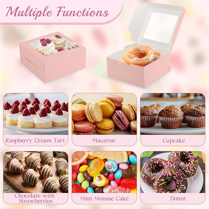 OAMCEG 80 Pack Cupcake Boxes with Window, 6x6x3 Inches Cookie Boxes, Bakery Treat Boxes for Pastry, Desserts, Chocolate Strawberries, Cupcake Containers, Gift Giving with Stickers & Twine （Pink）