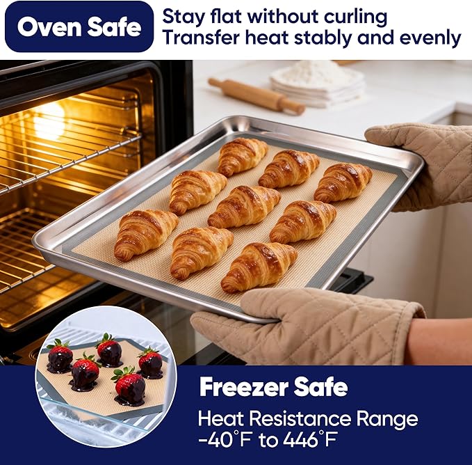 E-far Silicone Baking Mats, 15x11” Nonstick Reusable Silicone Mat for Kitchen Oven Baking Cookie Bread Pastry, 2-Pcs Food Grade Rectangle Silicon Baking Sheet, Heat-Resistant & Dishwasher Safe, Gray