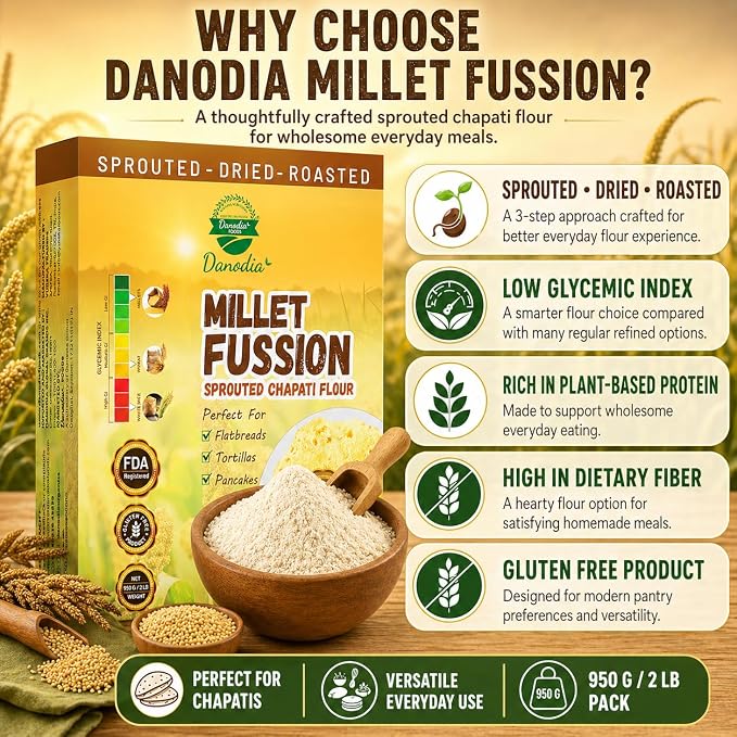 Danodia Foods Organic Sprouted Chapati & Bread Flour, 2 lb Pack | Multigrain atta blend for roti, chapati, paratha, flatbread and everyday bread baking; Gluten-Free; Indian pantry recipes