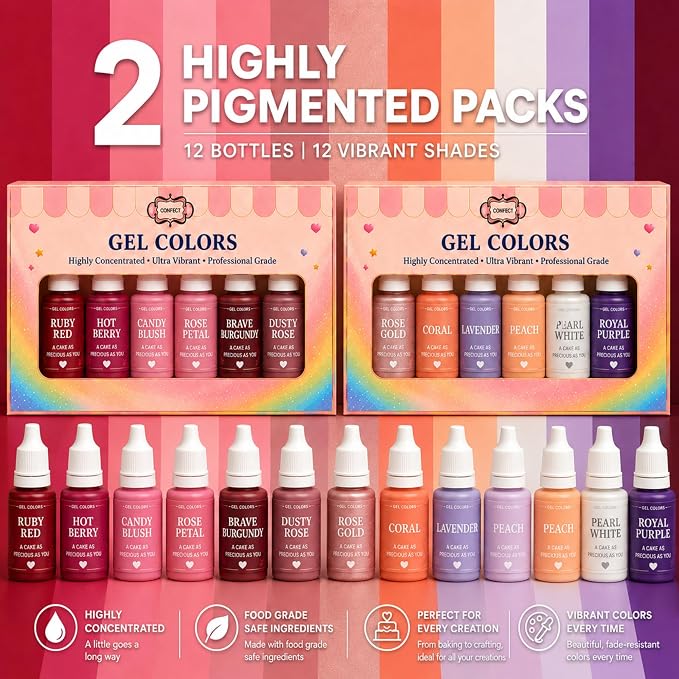Confect Valentine – Love Palette Gel Food Coloring Set – 12 Highly Pigmented Colors for Buttercream, Cakes, Cookies, Macarons & Baking – 10mL Bottles