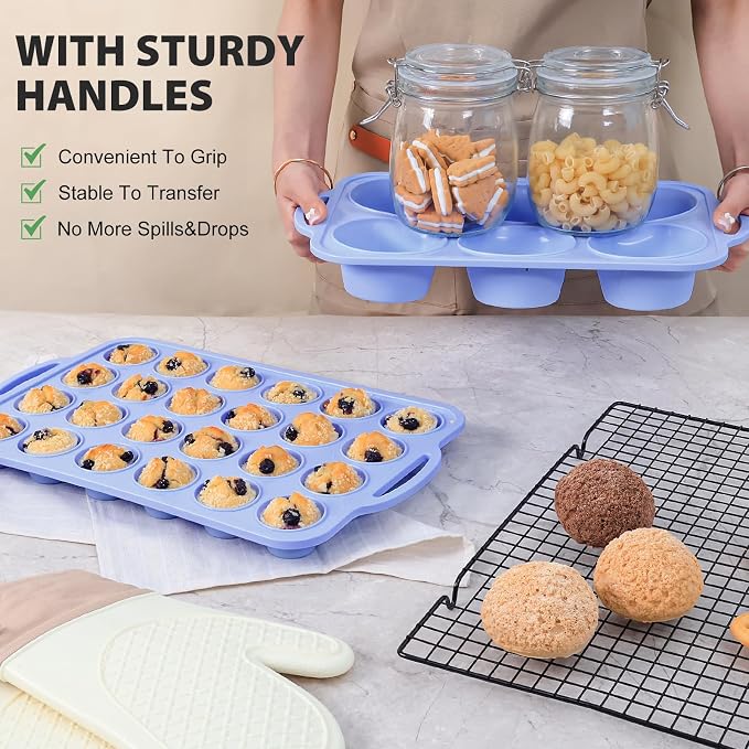 Mini Silicone Muffin Pan with Metal Frame, Non Stick Silicone Cupcake Pan with Handles 24 Cup, BPA Free Silicon Muffin Tin Tray Small for baking, egg bites, Cupcake Mold Blue
