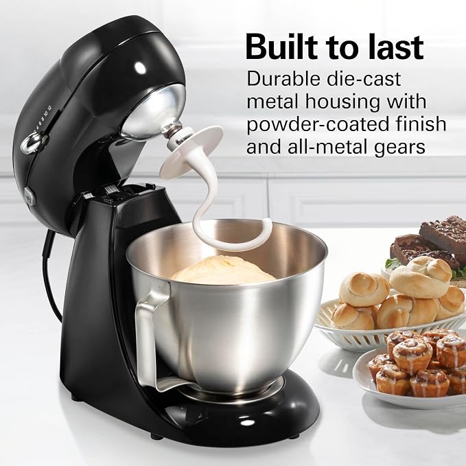 Hamilton Beach Die-Cast Metal Classic Electric Stand Mixer, 12 Speeds | 4.5-Quart Stainless Steel Bowl, Includes Flat Beater, Whisk, Dough Hook & Pour Shield, Powder-Coated Black Finish (63227N)
