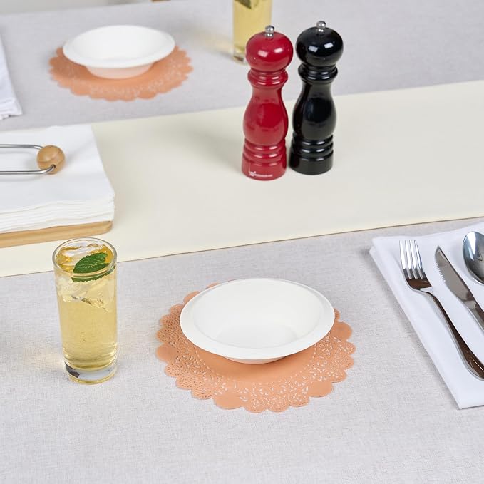 Pastry Tek 8 x 8 Inch Paper Lace Doilies, 100 Disposable Table Doilies - Elegant Lace Finish, Long Lasting, Coral Paper Doily, for Pastries, Cupcakes, Desserts - Restaurantware