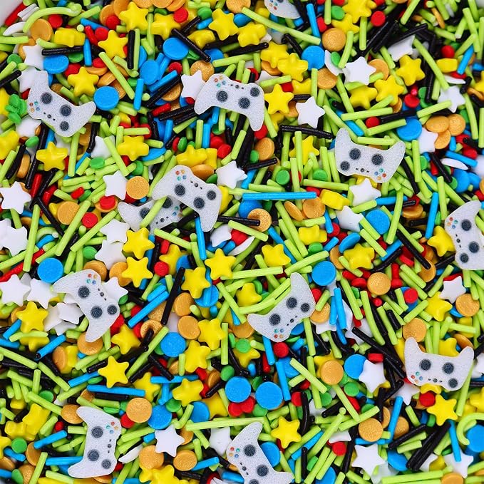 Edible Sprinkles for Cake Decorating, Green Yellow Sprinkles Mix with Game Wafer Papers, 3oz Game Themed Sprinkle for Baking, Cupcakes, Ice Cream, Cookie, Chocolate Decorating