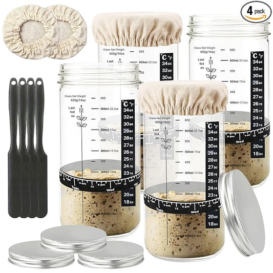 4 Pack Sourdough Starter Jar, 22 oz/650ml Wide Mouth Glass Jar Kit with Feeding Date Band, Thermometer, Silicone Spatula & Breather Cloth Cover, Ideal for Bread Making, Home Baking Beginners