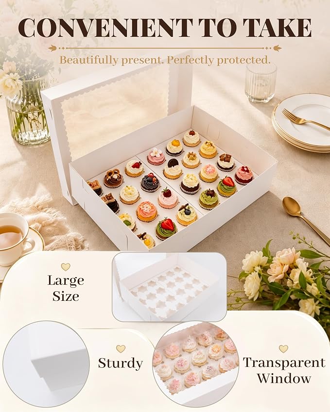 8 Pack Cupcake Boxes with Window for 24 Standard or Mini Cupcakes Corrugated Adjustable Height Bakery Box for Cake,Cookies,Donuts,Muffins&Other Pastries（15x11x4 Inch）