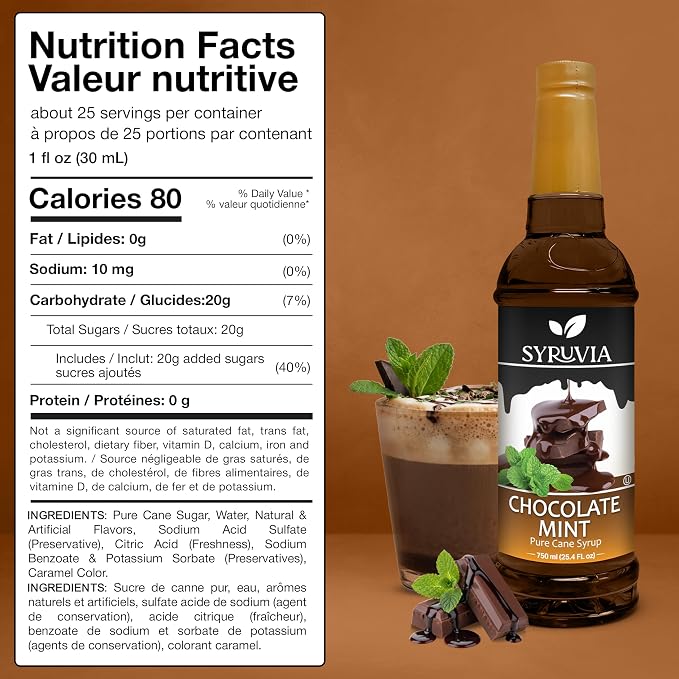 Syruvia Coffee Syrup, Chocolate Mint Flavored Syrup for Drinks, Lattes, and Desserts – 25.4 fl oz - with Pump