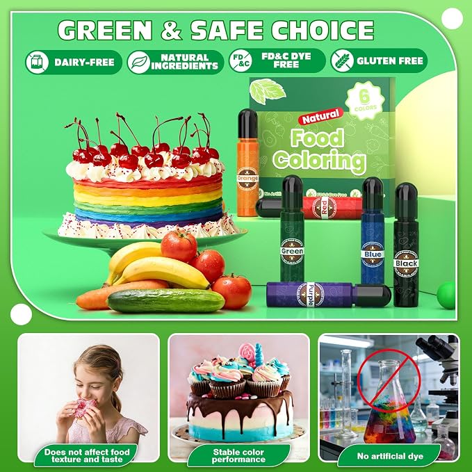 Natural Food Coloring 6 Colors x 10ml, FD&C & Artificial Dye Free Food Coloring Liquid Set, Natural Ingredients Edible Paint for Baking, Cake Decorations, Frosting, Fondant, Stable Color Performance, Easy to Color