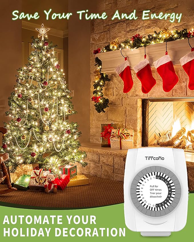TiFFCOFiO Indoor Mechanical Outlet Timer, 3 Prong Timers for Electrical Outlets, 24-Hour Programmable Plug in Christmas Light Timer, ETL Listed (4 Pack)
