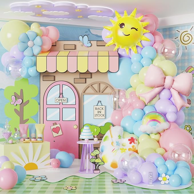 Macaron Pastel Rainbow Balloon Arch Kit,136Pcs Blue Dog Balloon Decor with Rainbow Sun Foil Balloons for Gender Neutral Baby Shower Birthday Kindergarten Classroom Fairy Tale Party Decor