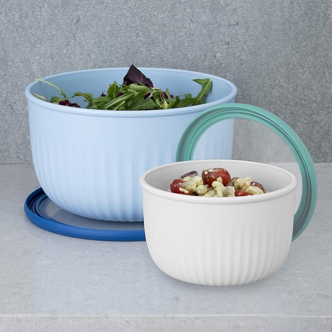 Oggi Prep, Store & Serve Plastic Bowl w/See-Thru Lid- Dishwasher, Microwave & Freezer Safe, (4 qt) White/Aqua (Pack of 12)