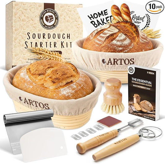 Sourdough Starter Kit | 9" Round & 10" Oval Banneton Bread Proofing Baskets | Sourdough Bread Baking Supplies with Dough Whisk, Scrapers Bread Lame, Cleaning Brush, Detailed Guide & Recipes