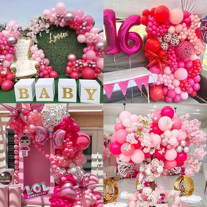NISOCY Pink Balloons Garland Arch Kit, 18In 12In 10In 5In Different Size 124pcs Hot Pink Metallic Pink Balloons for Valentine's Day Wedding Baby Shower Princess Birthday Pink Party Decorations