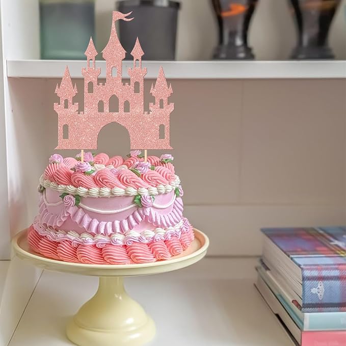 1 PCS Castle Cake Topper Glitter Queen Princess Castle Cake Pick Castle Theme Birthday Party Decoration for Princess Happy Birthday Girls Baby Shower Party Cake Decorations Supplies Rose Gold