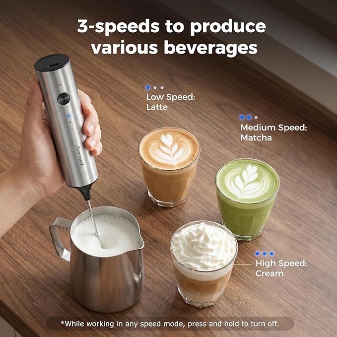 Rechargeable Milk Frother Handheld, Electric Foam Maker with Dual Spring Whisk, 3 Speeds for Coffee, Latte, Matcha, Hot Chocolate, Portable Charging USB-C Stainless Steel Hand Drink Mixer