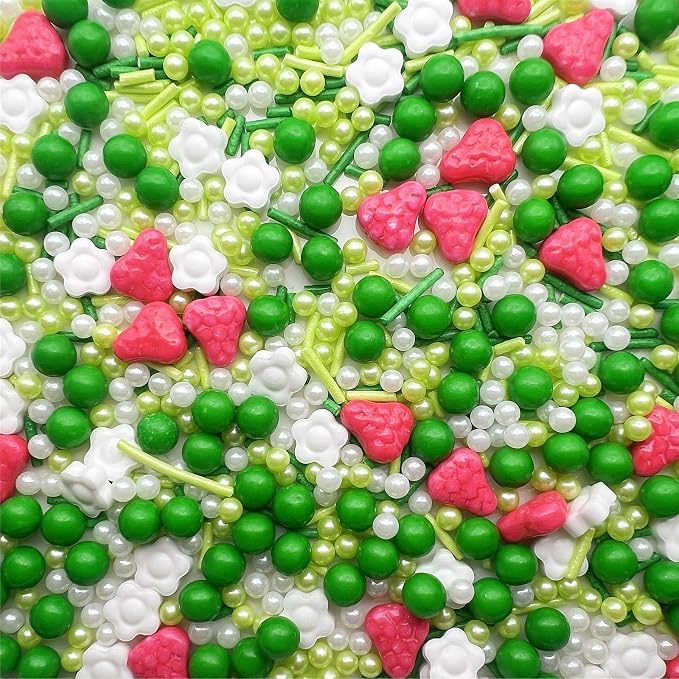 SE Si&Moos Strawberry Sprinkles Edible Strawberry Cake Decorations Edible White Mini Flowers Green Sprinkles for Cake Decorating Party Baby Shower Holiday Supplies 3.5 OZ