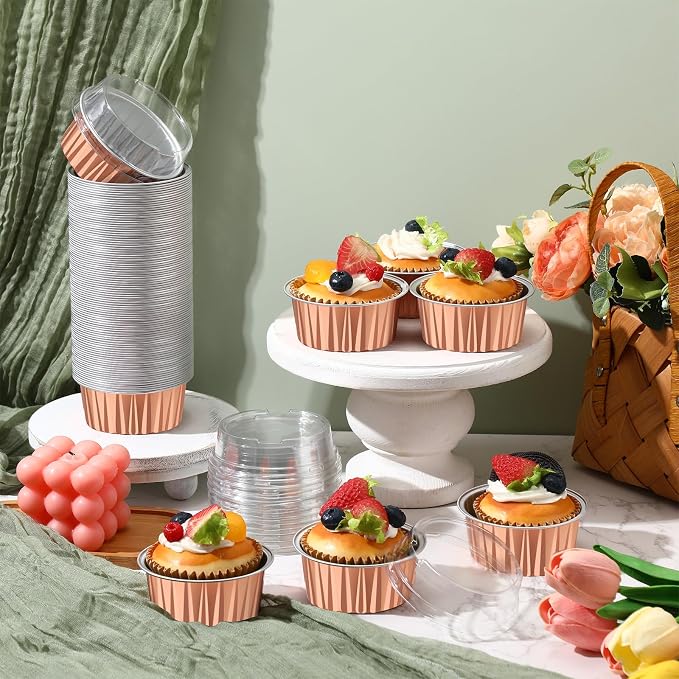 200 Pack Aluminum Foil Cupcake Liners with Lids, 5 oz Round Baking Cup, Disposable Ramekin Container for Graduation Wedding Independence Day Party(Rose Gold,Plain)