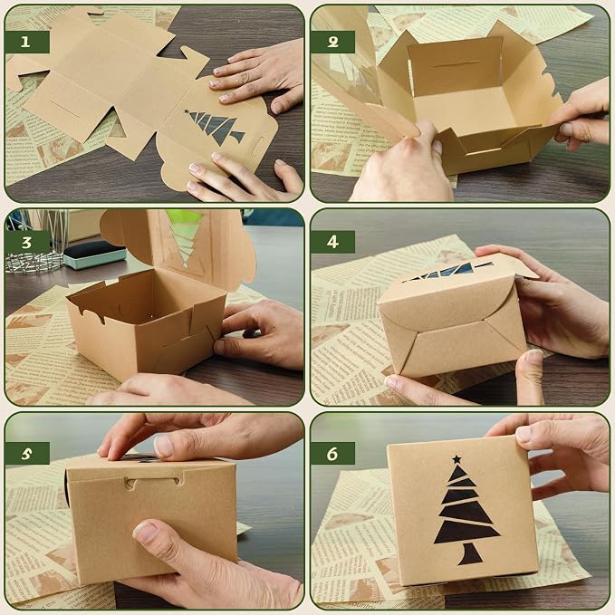 Gute 24 Pcs Christmas Kraft Cookie Boxes, Brown Christmas Treat Boxes with Window 4" x 4" x 2.5" Bakery Gift Warpping Box for Xmas Holiday Party Favor Pastries, Cupcakes, Cookies Donuts Gift-Giving