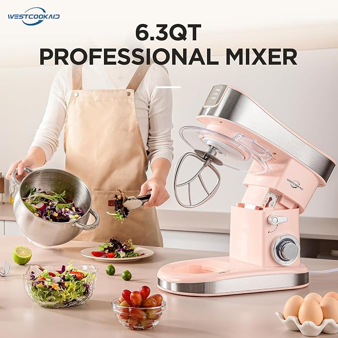 Stand Mixer, 6-Speed with Pulse Food Mixer Tilt-Head, 6.3-QT Large Mixer, WESTCOOKAID Kitchen Electric Mixer with Dough Hook, Wire Whip & Beater, Pink