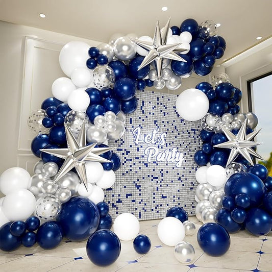 Bonropin 161pcs Navy Blue and Silver Balloon Garland Arch Kit with Blue White Silver Confetti Balloons, Star Foil Balloons, for Graduation New Year Anniversary Birthday Party Decorations