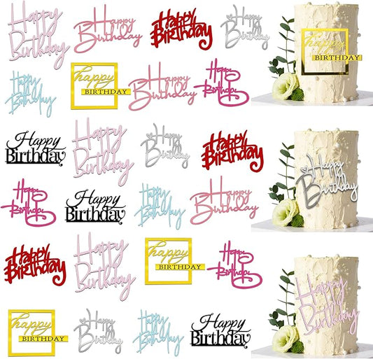 24 PCS Happy Birthday Cake Toppers Mirror Acrylic Side Cake Decorations 8 Styles