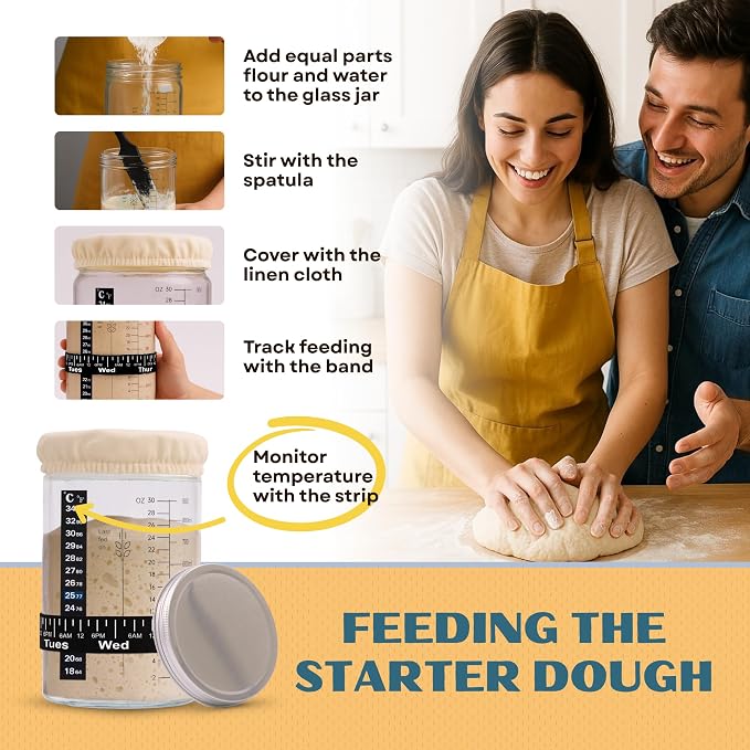 Sourdough Starter Jar Kit 34oz - Wide Mouth Glass Jar with Thermometer Strip, Feeding Day Tracker, Silicone Spatula, Cloth Cover, Measuring Cups & Metal Lid for Homemade Artisan Sourdough Bread Baking