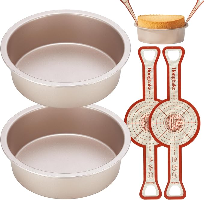 HONGBAKE 8 Inch Round Cake Pan Set for Baking with 2 Pcs Silicone Baking Sling Mats, Nonstick Circle Cake Pans Set of 2, 2.5" Deeper Layer Cake Tin for Oven, Cheesecake Mold, Huty Duty, Golden