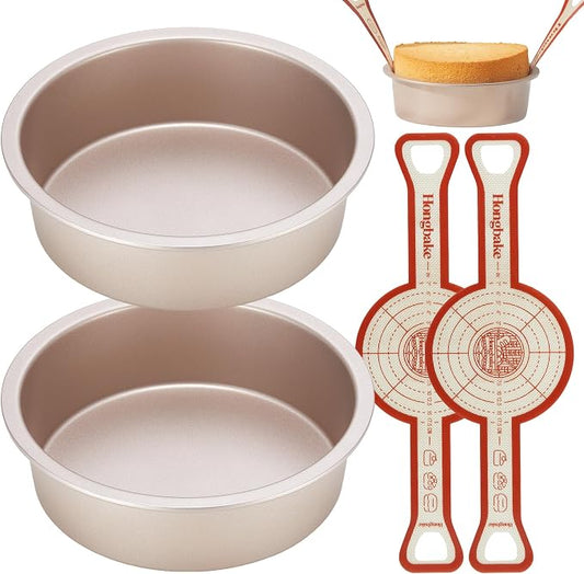 HONGBAKE 8 Inch Round Cake Pan Set for Baking with 2 Pcs Silicone Baking Sling Mats, Nonstick Circle Cake Pans Set of 2, 2.5" Deeper Layer Cake Tin for Oven, Cheesecake Mold, Huty Duty, Golden
