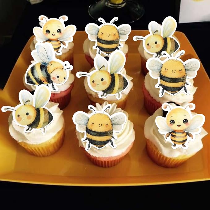 60 PCS Edible Bumble Bee Cupcake Toppers Edible Honey Bee Cupcake Picks Waper Paper Oh Babee Cupcake Decorations for Bee Theme Baby Shower Boys Girls Birthday Party Cake Food Decorations Supplies