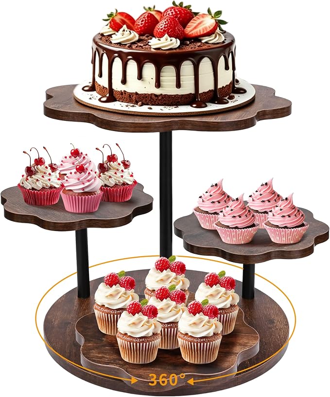 4 Tier Cupcake Stand, Rotatable Cupcake Tower for 50 Cupcakes, Wooden Cake Stand with Tiered Trays, Dessert Table Display Set Serving Tray for Party Birthday Wedding