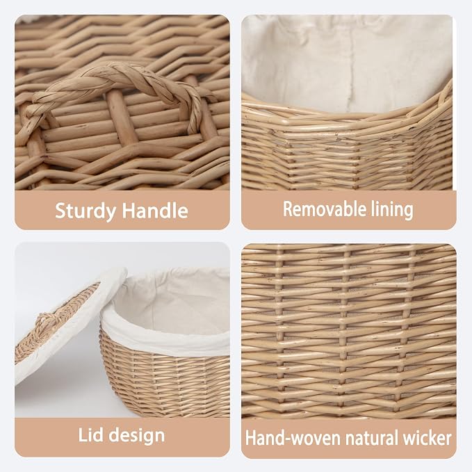 Wicker Bread Basket Serving with Lid & Removable Lining, Sourdough Proofing Basket,Eco-friendly Bread Storage basket Ideal for Picnics & Dining(Round)