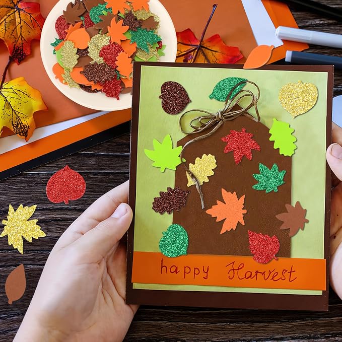 600Pcs Glitter Fall Leaf Foam Sticker Self Adhesive Maple Leaves | Autumn Thanksgiving Leaf Decals for Kids, DIY Crafts, Scrapbook, Party Favors, Halloween Decorations Supplies