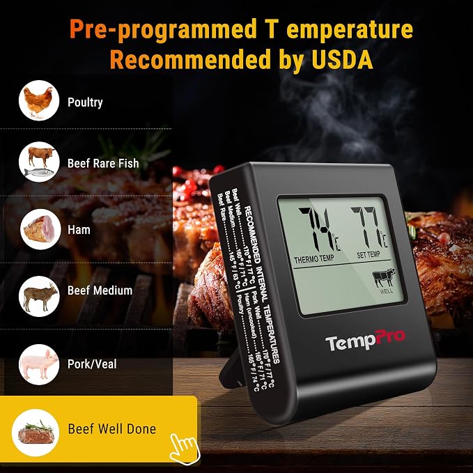 TempPro TP16 Large LCD Digital Meat Thermometer for Cooking, Smoking, Grilling, BBQ Food Temperature Indicator with Clock Timer and Stainless Steel Probe, Black(Previously ThermoPro)