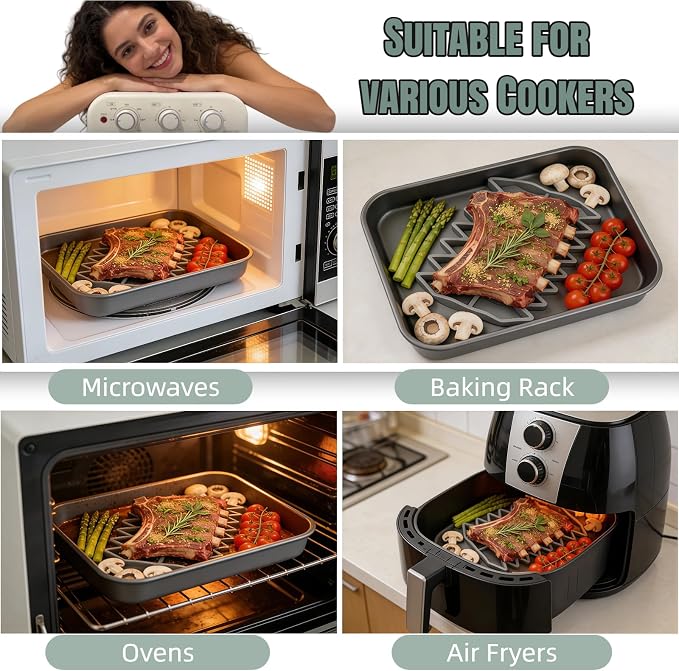 Silicone Roasting Rack, Nonstick Oven Baking & Cooling Rack for Meat, Fish, Vegetables - Heat Resistant, Dishwasher Safe Air Fryer Rack for Even Cooking & Easy Clean (2, Gray)