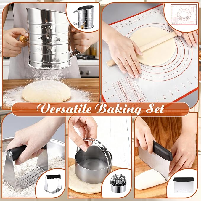 10 Pcs Stainless Steel Pastry Biscuit Cutter Set Include 3 Cup Flour Sifter Biscuit Cutter Pastry Scraper Dough Scraper Silicone Baking Mat Fine Mesh Strainer for Cooking Cookies Donuts Cake