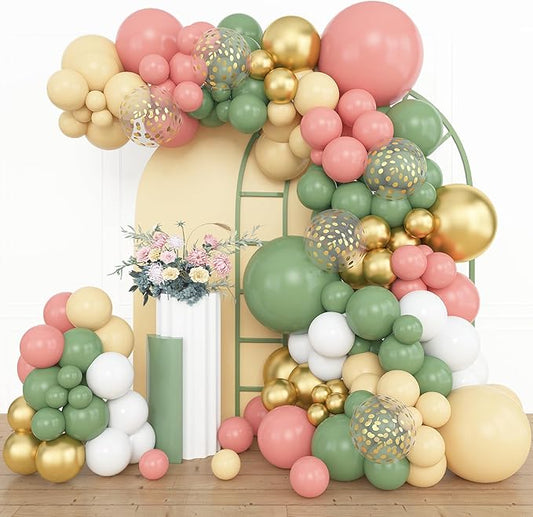 Amandir 153pcs Retro Green Pink Balloon Garland Arch Kit, Different Sizes 18 12 10 5 inch White Dusty Pink Latex Metallic Confetti Balloons for Easter Jungle Safari Woodland Birthday Party Decorations