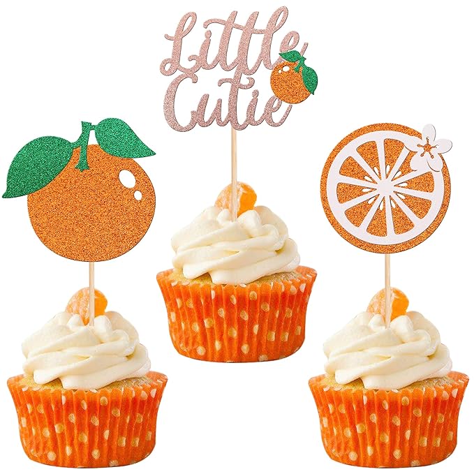 30 PCS Little Cutie Cupcake Toppers Glitter Fruit Theme Orange Cupcake Picks Citrus Cupcake Decoration for Baby Shower Kids Boys Girls Birthday Party Cake Decorations Supplies Rose Gold