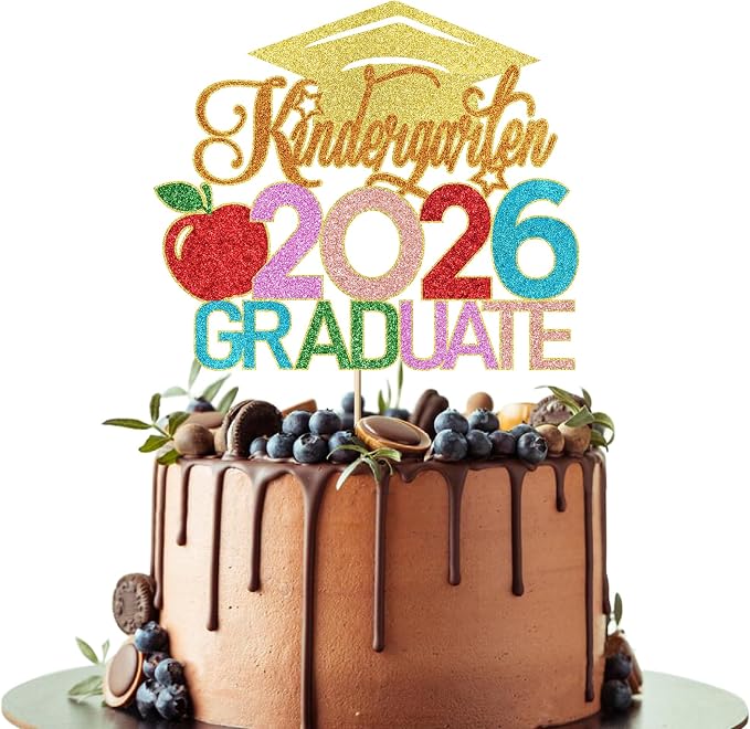 Kindergarten 2026 Graduate Cake Topper, Chirldren Graduation Cake Decorations, Preschool Kindergarten Graduations Party Decoration, Glitter Grad 2026 Happy Graduation (Gold Orange)