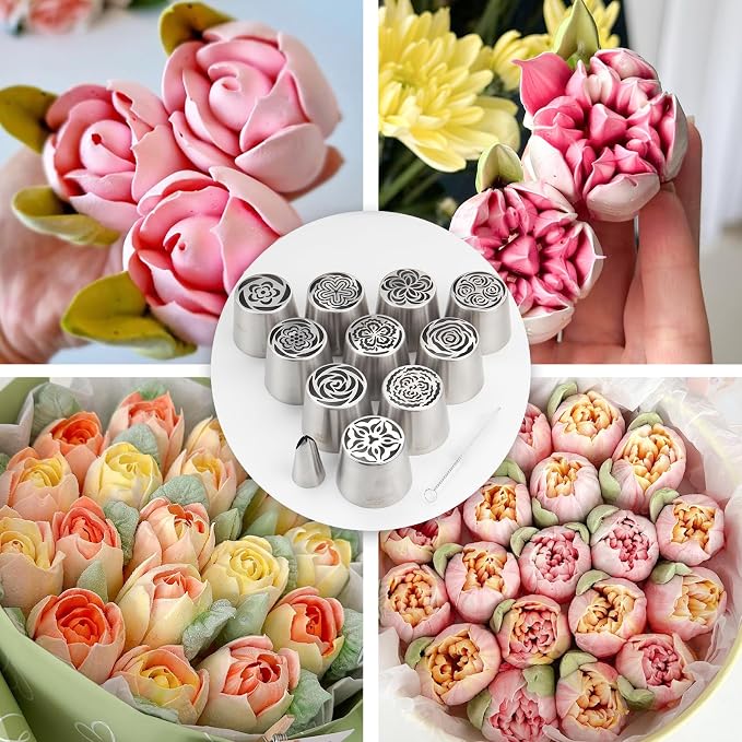 12-Piece Extra-Large Russian Flower Piping Tip Set, Stainless Steel Rose and Tulip Piping Tips for Cake Decoration, Including 10 Extra-Large Flower Tips, 1 Leaf Tip, and 1 Brush