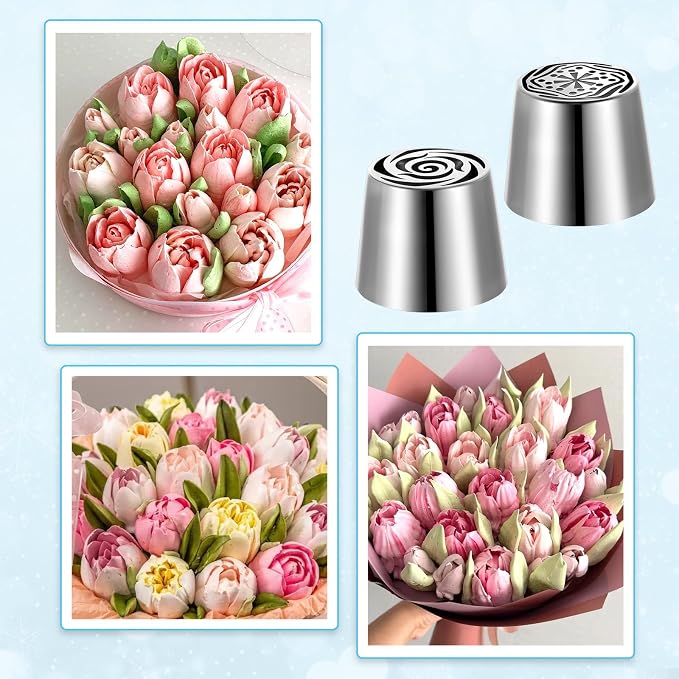 Russian Piping Tips, 2PCS Extra Large Cake Decorating Kit Rose Floral Piping Nozzle Stainless Steel Icing Tips Flower Cake 3D Floral Designs Baker Tools for Wedding Birthday Cakes Cupcakes Cookies