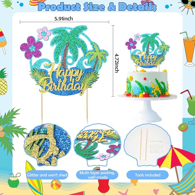 Wootkey Glitter Hawaii Happy Birthday Cake Topper Palm Tree Summer Flower Ocean Hawaiian Cake Decorations Luau Theme Party Supplies