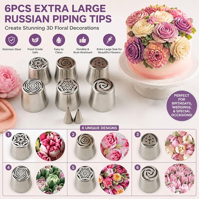 Extra Large Russian Flower Piping Tips Set, Stainless Steel Piping Nozzles for Cake and Cupcake Decorating, Includes 2 Leaf Tips and Storage Box