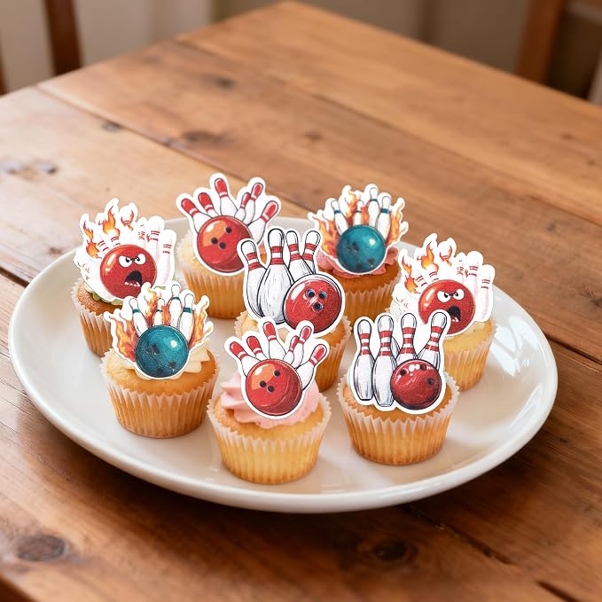 60 PCS Edible Bowling Cupcake Toppers Wafer Paper Sports Ball Cupcake Picks Edible Bowling Cupcake Decorations for Sports Theme Baby Shower Kids Birthday Party Cake Decorations Supplies