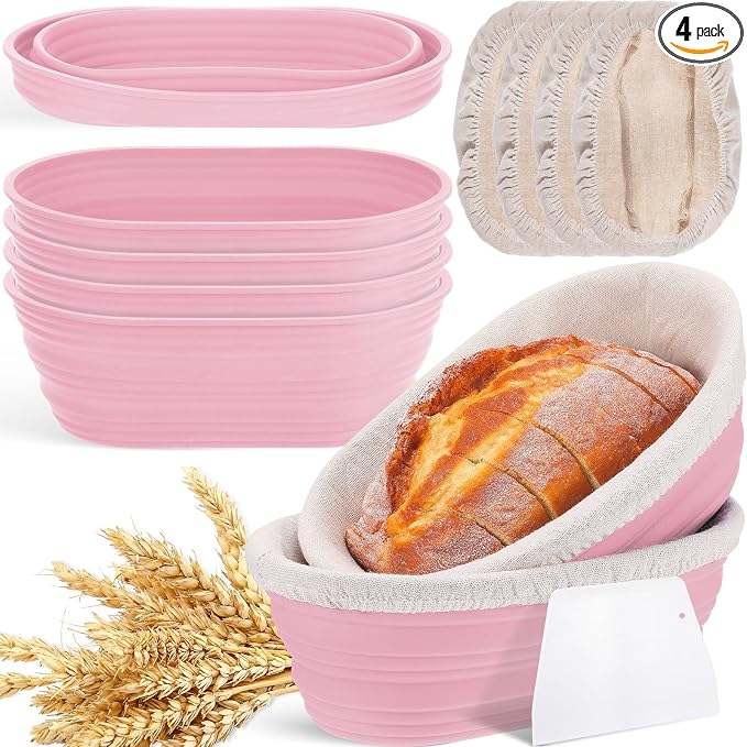 Nuogo 4 Pack Oval Bread Proofing Basket Silicone 10 Inch Collapsible Sourdough Bread Baking Supplies Dough Proofing Bowl with 4 Pcs Dough Scraper and 4 Pcs Basket Covers (Pink)