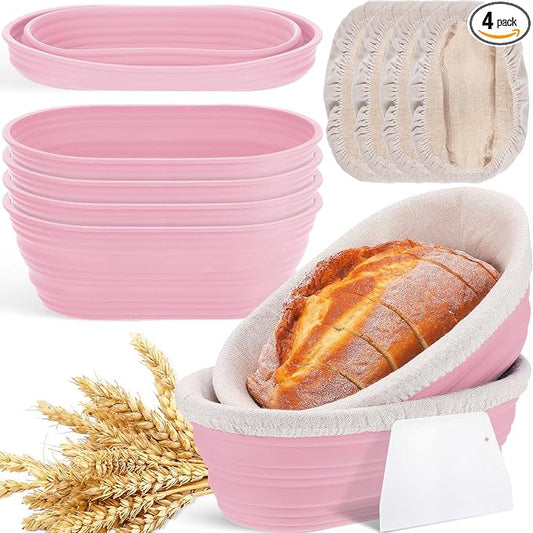 Nuogo 4 Pack Oval Bread Proofing Basket Silicone 10 Inch Collapsible Sourdough Bread Baking Supplies Dough Proofing Bowl with 4 Pcs Dough Scraper and 4 Pcs Basket Covers (Pink)