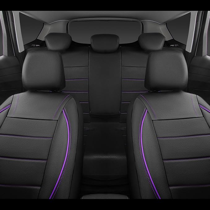 CAR PASS Universal FIT Piping Leather Two Front Seat Covers, Waterproof Faux Leather for SUV Sedan Van Truck, Airbag Compatible,Reserved Opening Holes for Headrest Covers(Black and Purple)