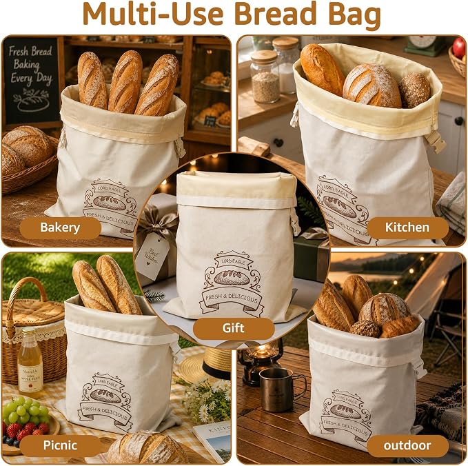 Bread Bags for Homemade Bread & Sourdough - 2 Pack Reusable Beeswax Bread Bags, 100% Cotton with Detachable Liner & TPU Freezer Bag, 17x13in, Freezer Safe & Washable