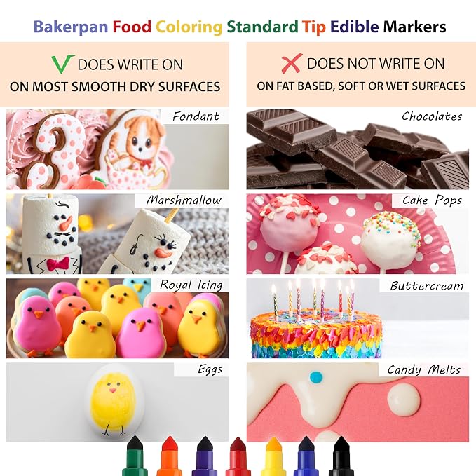 Bakerpan Edible Markers for Cookie Decorating - Set of 7 Standard Tip Food Coloring Pens for Cookies, Royal Icing, Fondant & Marshmallows | Made in USA