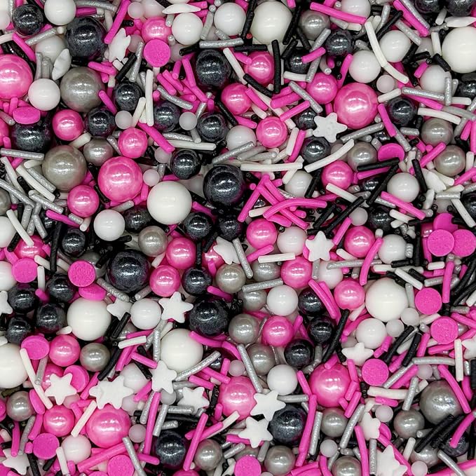Silver & Black & Pink & White Sprinkles Mix Size Pearls Mouse Rock Themed Cake Decorations Cupcake Toppers Perfect for Wedding Valentine Supplies 4.58OZ