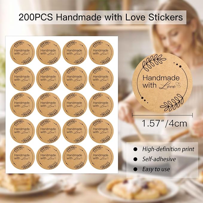 200PCS Handmade with Love Stickers, Vintage Leaf Design Kraft Paper Labels for Baked Goods, Jam Jars, Cookie Bags, Envelope Seals, Small Business Gifts, 1.6 Inch